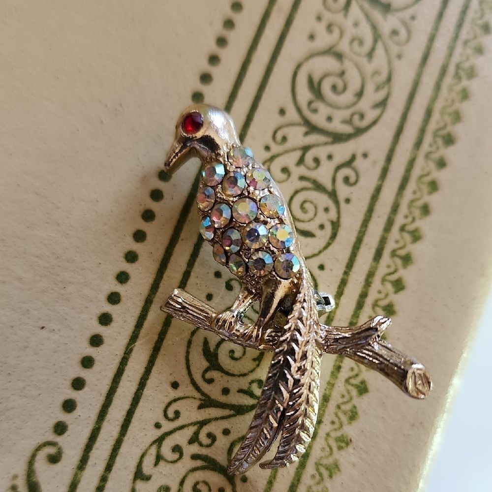 Vintage Aurora Borealis Rhinestone Embellished Bird Brooch